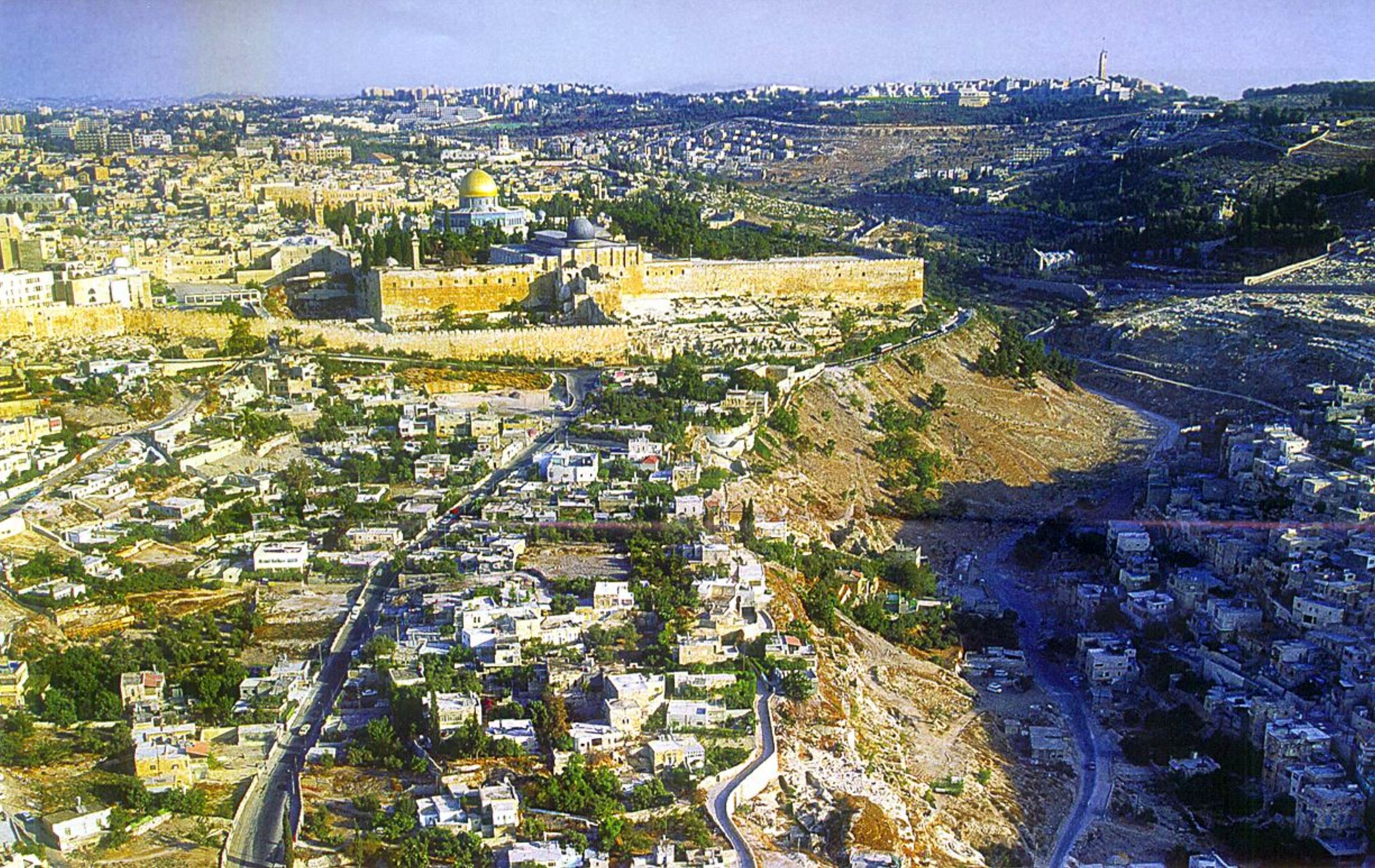 Jerusalem from the south with Temple Mount centre, Mt of Olives east (right), Zion south, and Calvary west (left)